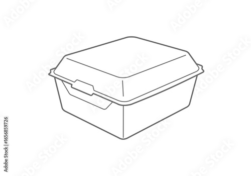 A styrofoam takeout box with a lid is depicted