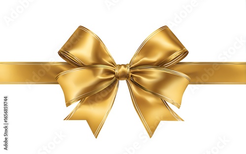 Golden ribbon bow on a white background with space for text, a gift card design