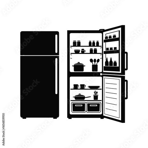 Refrigerator Vector Illustration of an Open and Closed Fridge for Kitchen Appliances and Household Storage