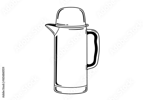 Line drawing of a white insulated beverage container with a dome lid and handle