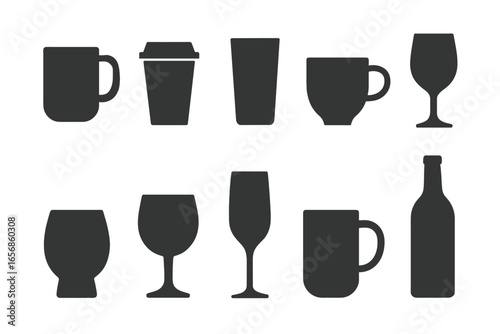 Collection of Glassware Silhouettes Featuring Mugs Cups and Wine Glasses Perfect for Menu Design and Graphic Illustrations