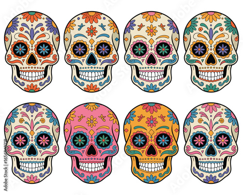 A Vibrant Collection of 8 Decorative Sugar Skulls for Day of the Dead Celebrations