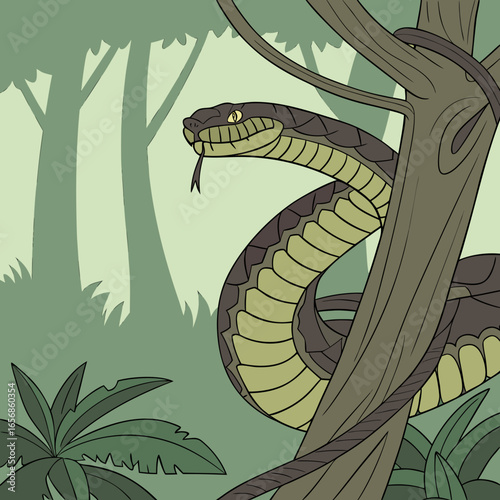 Snake Coiled Around Tree Trunk in Jungle reptile animal