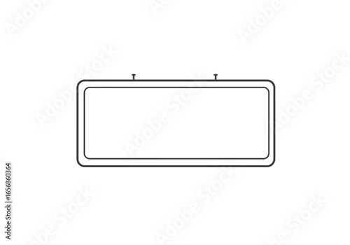 Rectangular sign hanging from two supports frame with rounded corners surrounds a blank interior space