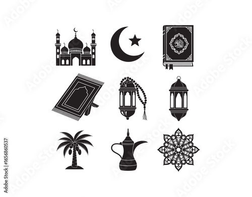 Set of black icons representing traditional Islamic symbols and spiritual elements, isolated in a vector illustration.
