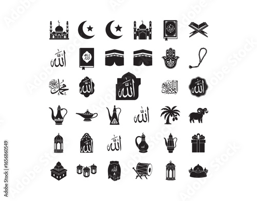 A collection of black icons showcasing the spiritual and traditional symbols of Islam, presented in a vector format.
