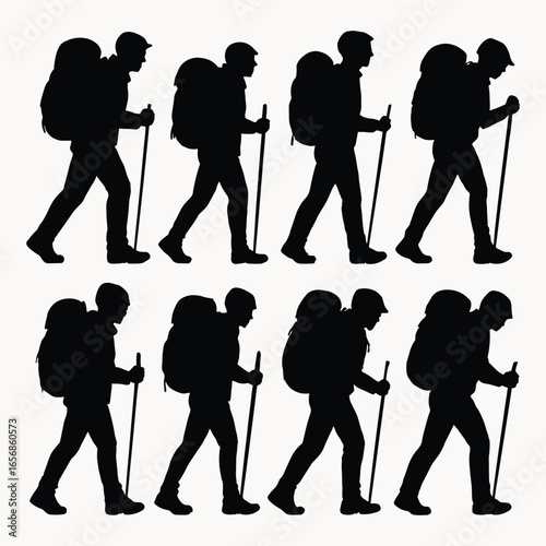 Group of Hikers Silhouette Walking with Backpacks and Hiking Poles Exploring Nature Adventure Travel Destination and Trekking Concept