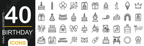 Set of 40 birthday line icons including cake, balloons, gifts, candles, party hats, decorations, and more. Perfect for celebration and party design themes.
