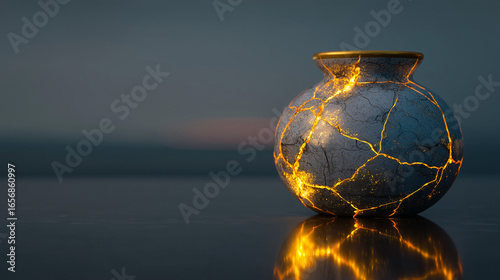 A broken pottery vase repaired with glowing gold seams in the Japanese kintsugi style. A powerful, conceptual image representing resilience, healing, and finding beauty in imperfection against a moody