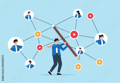 Flat illustration businessman connect networking chart with pencil symbolizing social connection for business opportunity