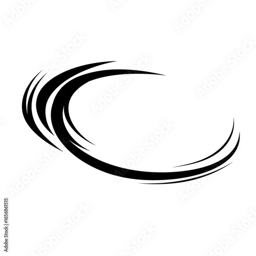 Stylized black whirlwind icon with curved brush strokes, an abstract symbol of energy, flow, and circular motion on a white background.