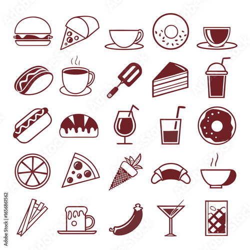 A clean, flat vector icon set in minimal modern style, food and drink theme, 20 unique icons arranged in a grid, 