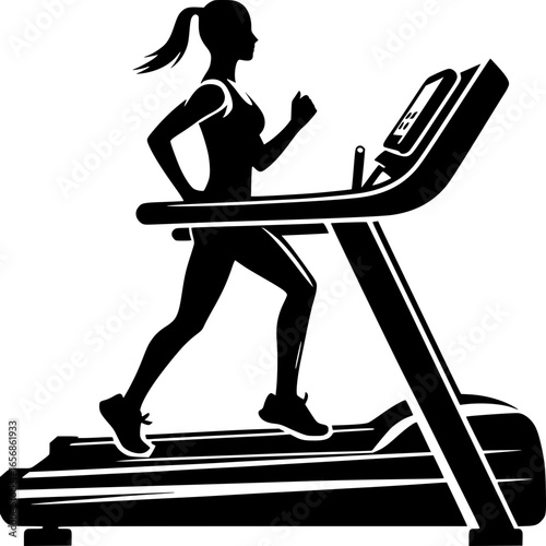 Silhouette of fitness: a young woman with an athletic form is running on a treadmill to maintain a healthy lifestyle.