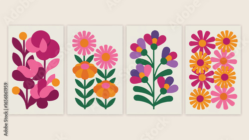 Minimalist Floral Art Prints A Set of Four Whimsical Botanical Illustrations for Home Decor