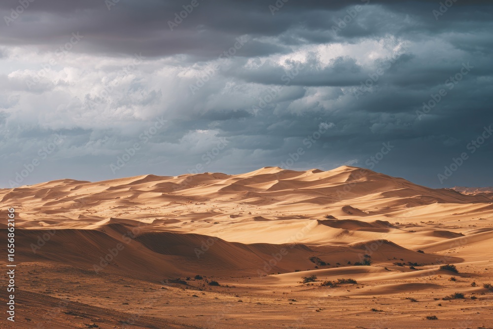 Fototapeta premium Vast desert dunes under a dramatic sky