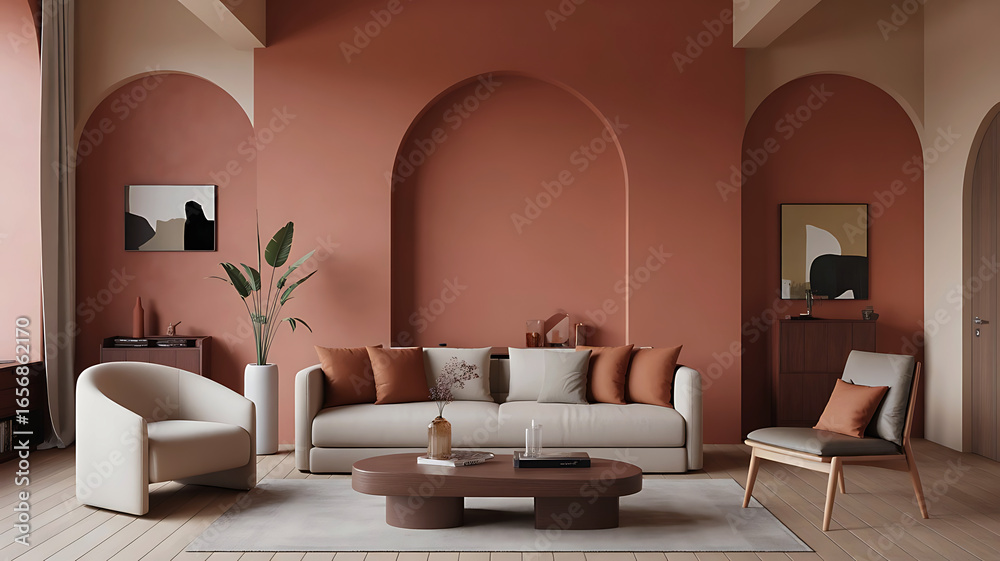 Elegant living room with arched walls comfortable sofa and stylish armchairs in warm terracotta tones Elegant living room with arched walls comfortable sofa and stylish armchairs in warm terracotta tones