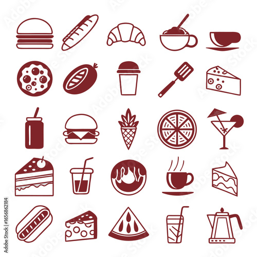 A clean, flat vector icon set in minimal modern style, food and drink theme, 20 unique icons arranged in a grid, 