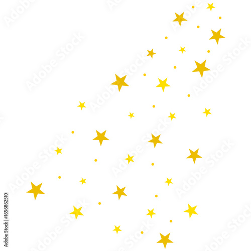 Vibrant golden stars of various sizes cascade and scatter across a pristine white background, forming a cheerful and festive decorative pattern, perfect for celebration designs.