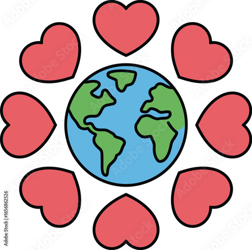 A vibrant, stylized illustration depicts Planet Earth embraced by a circle of crimson hearts, symbolizing global unity, environmental care, and the interconnectedness of humanity.
