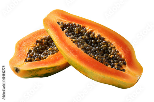 Three yellow flowers on a white background, in the style of a stock photoe. - Papaya, cut in half with seeds and fresh pulp. No background.