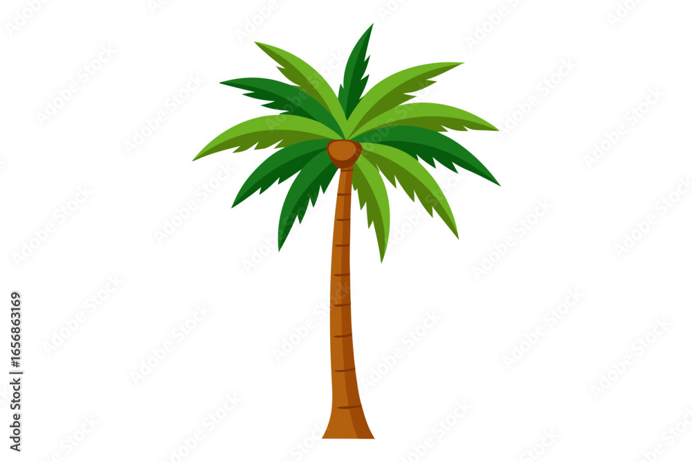 Obraz premium Vibrant palm tree with lush green fronds and sturdy brown trunk evokes tropical paradise and beach vacation dreams, perfect for summer themes and travel.