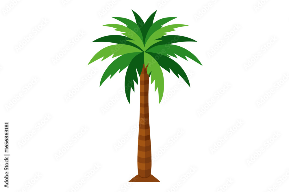 Obraz premium Vibrant green palm tree with textured brown trunk and lush canopy, perfect for tropical themes, travel, and summer designs seeking natural beauty and vacation vibes.