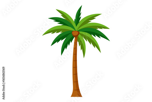 Vibrant palm tree with lush green fronds and sturdy brown trunk evokes tropical paradise and beach vacation dreams, perfect for summer themes and travel.
