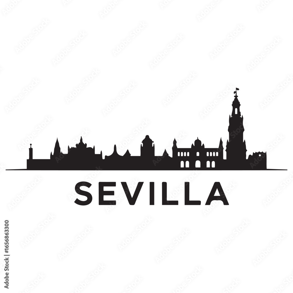 Obraz premium Sevilla skyline silhouette. Black Sevilla city. Vector black silhouette. with white background