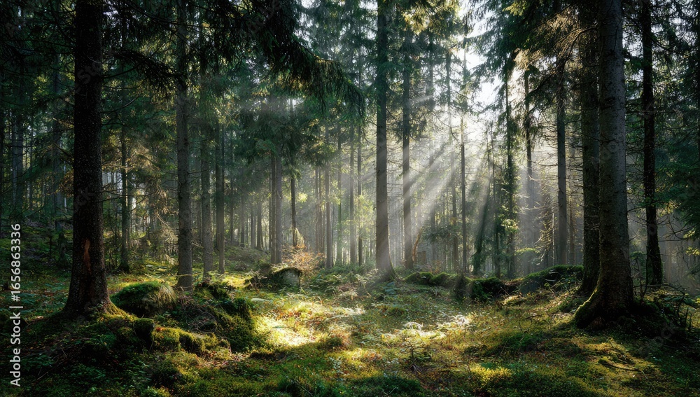 Obraz premium Sunlight streams through a dense forest