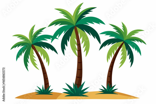 Vibrant trio of stylized palm trees swaying gently on a sandy mound, evoking tropical paradise and serene vacation vibes, perfect for summer themes.