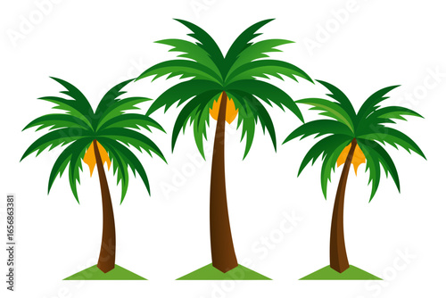 Vibrant trio of stylized palm trees with lush green fronds and golden coconuts, evoking tropical paradise and vacation vibes for summer promotions and beach themes
