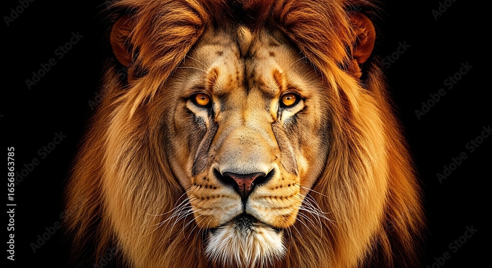 Naklejka premium Majestic lion portrait with intense gaze against black background