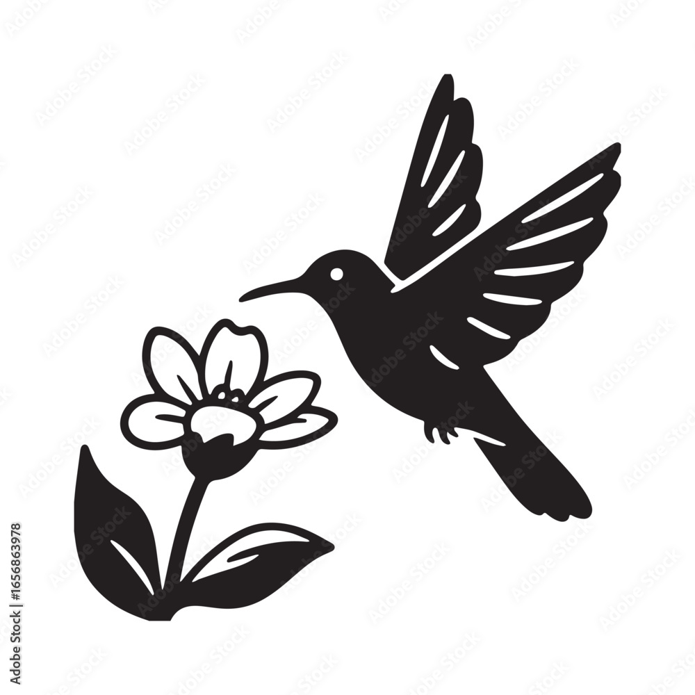 Obraz premium Silhouette of a hummingbird hovering near a flower. 