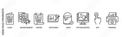 Print Banner Web Icon Set � Flyer, Advertisement, Brochure, Poster, Postcards, CMYK, Picture Editing, DTP, and Prepress Vector Icons