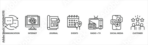 Public Relations Banner Web Icon Set � Communication, Internet, Journal, Events, Radio, TV, Social Media, and Customer Vector Icons