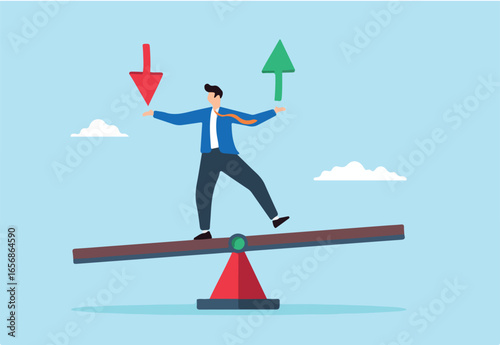 Flat illustration of investor balance on seesaw holding arrow of loss and gain symbolizing investment risk