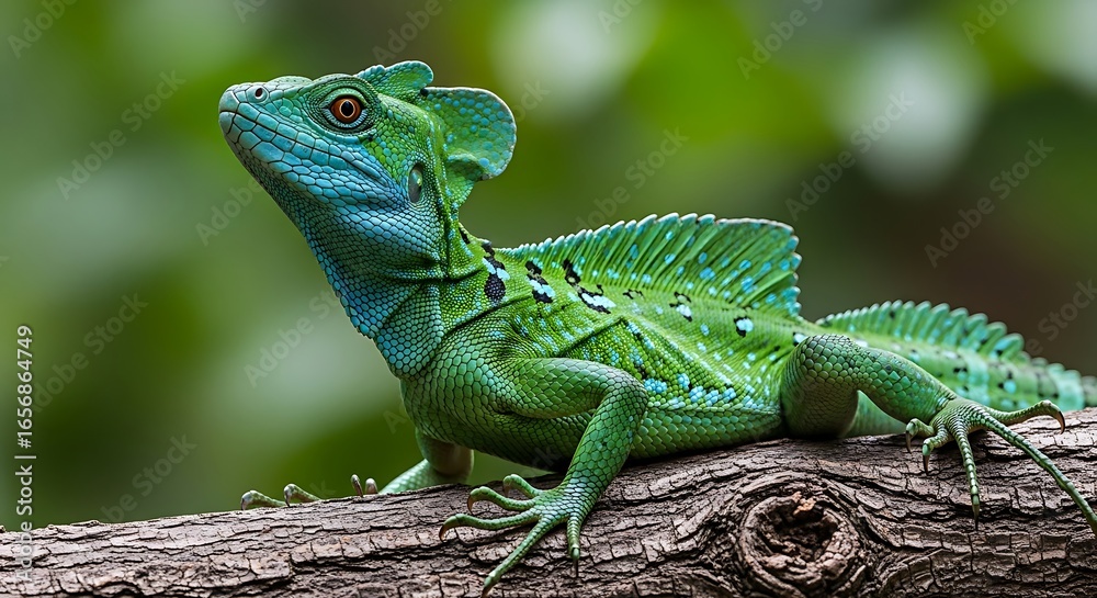Fototapeta premium Vibrant green basilisk lizard with crest on branch