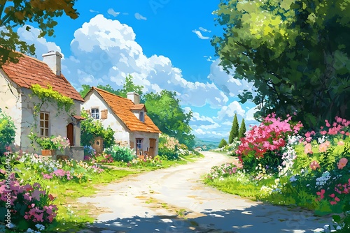 Idyllic countryside village scene with charming cottages and vibrant blooming flowers under a bright blue sky