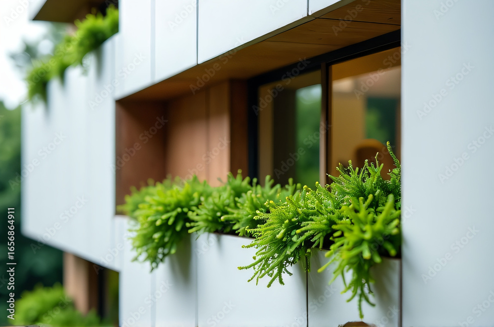 Fototapeta premium Modern architectural detail with wooden accent and plant