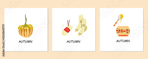Cute minimalist autumn cards with pumpkin, knitted socks and skein of woolen threads, bowl with dough. Cozy greeting cards collection with warm autumn elements. Vector illustration in hand-drawn style