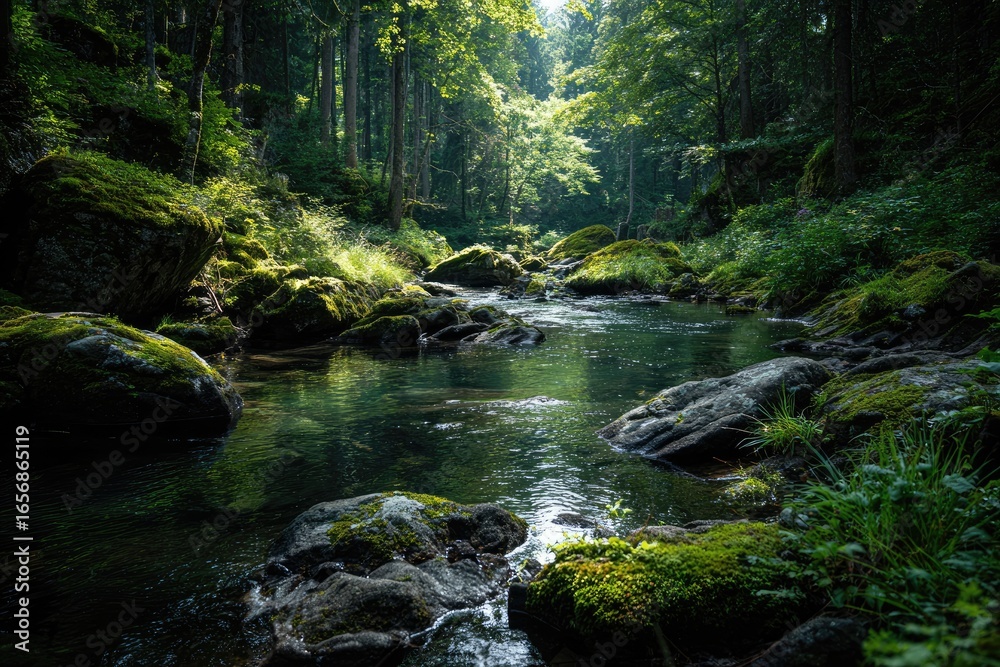 Obraz premium Tranquil forest stream. Sunlight filters through the trees