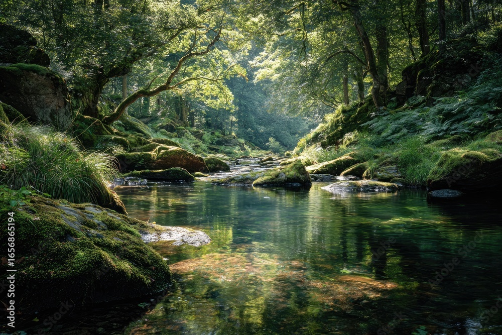 Obraz premium Sunlight streams through a tranquil forest stream