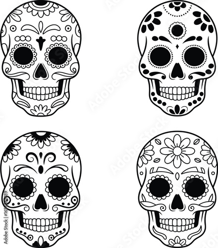 Elegant Black and White Sugar Skulls Day of the Dead Illustrations
