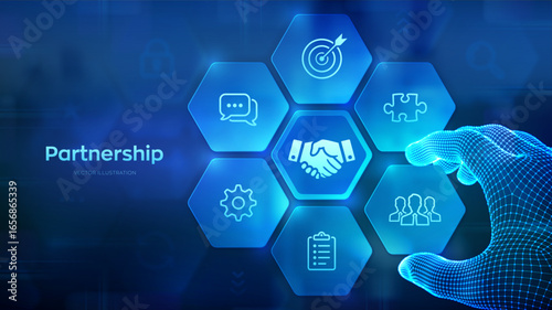 Partnership technology concept. Business partnership. Global cooperation network. Internet communication. Teamwork. Wireframe hand places an element in a composition visualizing cooperation. Vector.