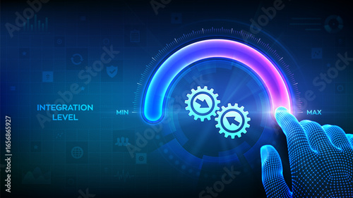 Integration data system. System Integration. Industrial and smart technology. Business and automation solutions. Hand is pulling up to the maximum position circle progress bar. Vector illustration.