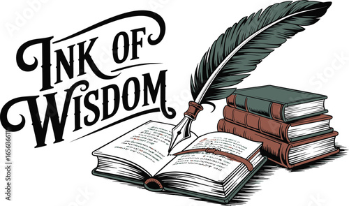 Ink of Wisdom with feather pen and stack of books quill