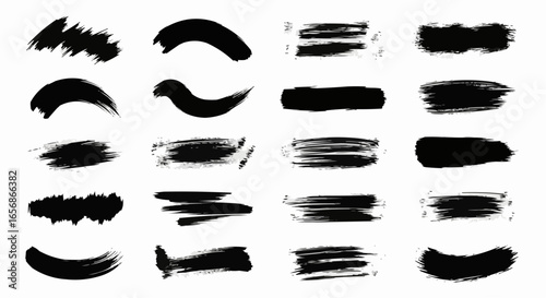 Ink paintbrush grunge texture silhouettes set. Dirty brush stroke shapes isolated on white background