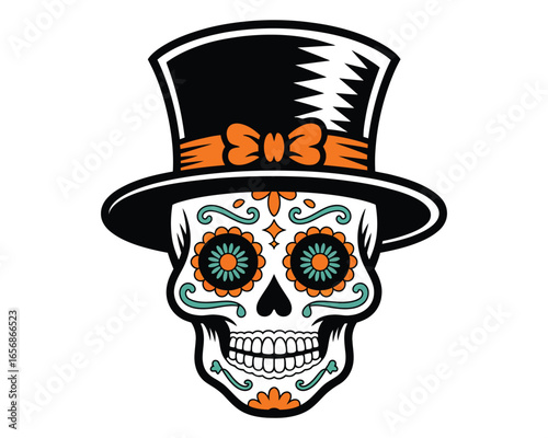 Stylized gentleman sugar skull with a top hat. A vibrant and detailed Calavera illustration for the Day of the Dead celebration.