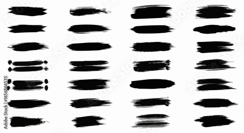 Ink paintbrush grunge texture silhouettes set. Dirty brush stroke shapes isolated on white background