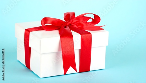 A white gift box, elegantly adorned with a bright red ribbon and bow, sits against a light azure background.